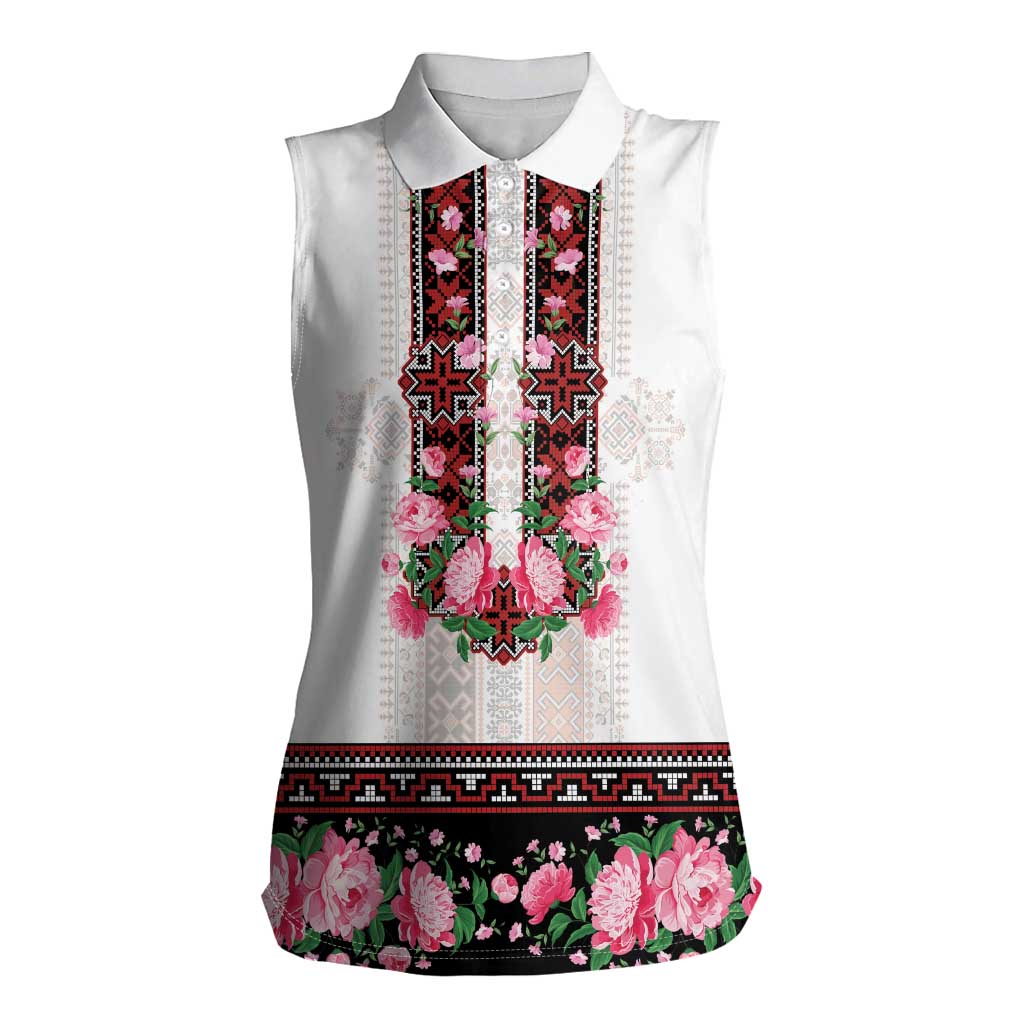 Red Romanian National Costume Women Sleeveless Polo Shirt Peony Flowers Traditional Folk Pattern - Wonder Print Shop