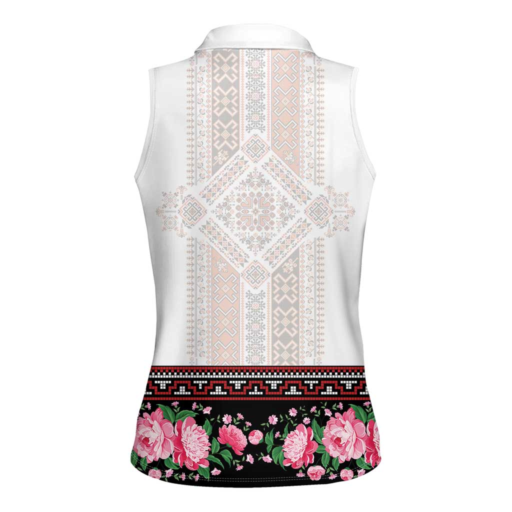 Red Romanian National Costume Women Sleeveless Polo Shirt Peony Flowers Traditional Folk Pattern - Wonder Print Shop