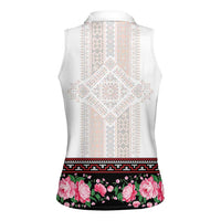 Red Romanian National Costume Women Sleeveless Polo Shirt Peony Flowers Traditional Folk Pattern - Wonder Print Shop