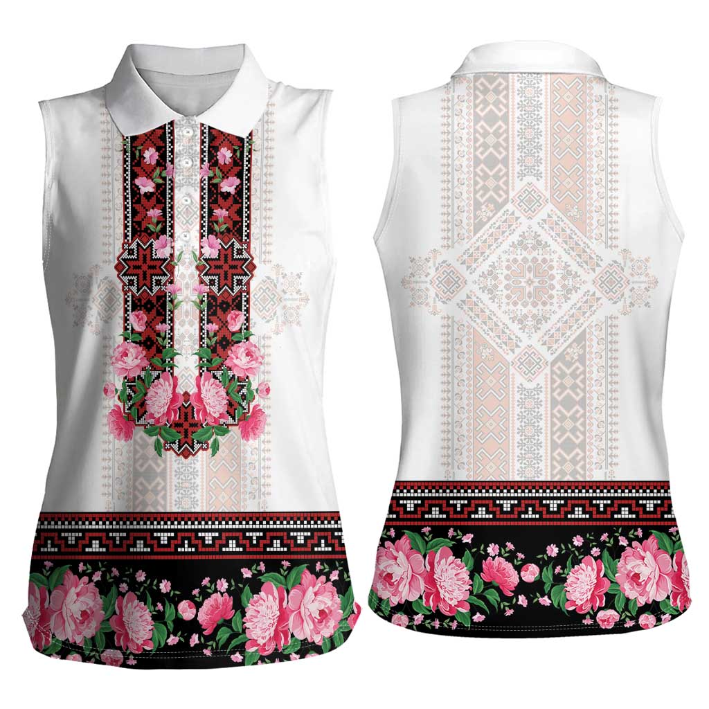 Red Romanian National Costume Women Sleeveless Polo Shirt Peony Flowers Traditional Folk Pattern - Wonder Print Shop