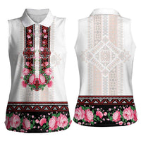 Red Romanian National Costume Women Sleeveless Polo Shirt Peony Flowers Traditional Folk Pattern - Wonder Print Shop