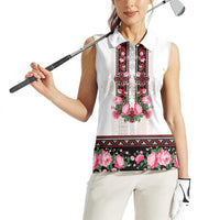Red Romanian National Costume Women Sleeveless Polo Shirt Peony Flowers Traditional Folk Pattern - Wonder Print Shop