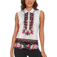 Red Romanian National Costume Women Sleeveless Polo Shirt Peony Flowers Traditional Folk Pattern - Wonder Print Shop