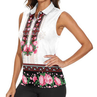 Red Romanian National Costume Women Sleeveless Polo Shirt Peony Flowers Traditional Folk Pattern - Wonder Print Shop