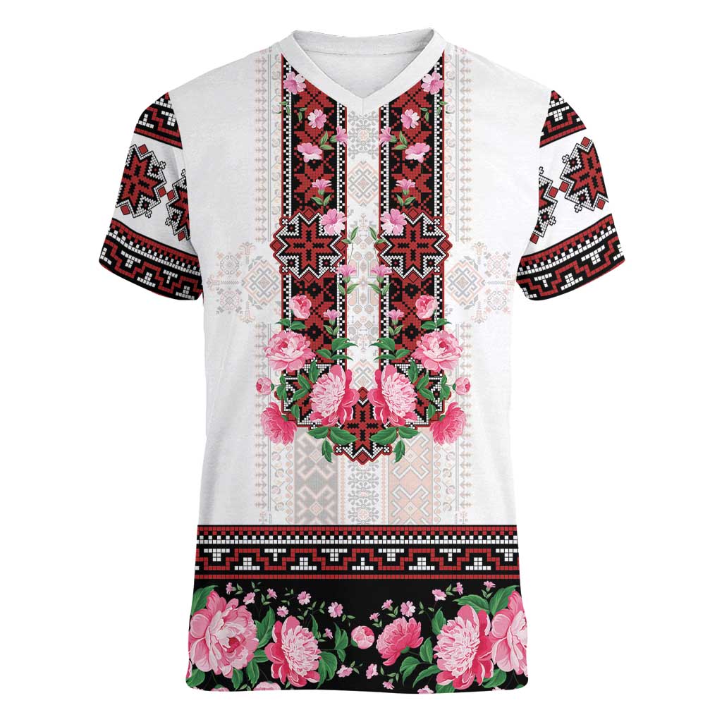 Red Romanian National Costume Women V-Neck T-Shirt Peony Flowers Traditional Folk Pattern - Wonder Print Shop