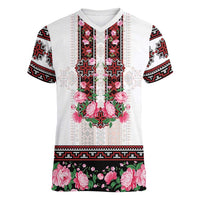 Red Romanian National Costume Women V-Neck T-Shirt Peony Flowers Traditional Folk Pattern - Wonder Print Shop