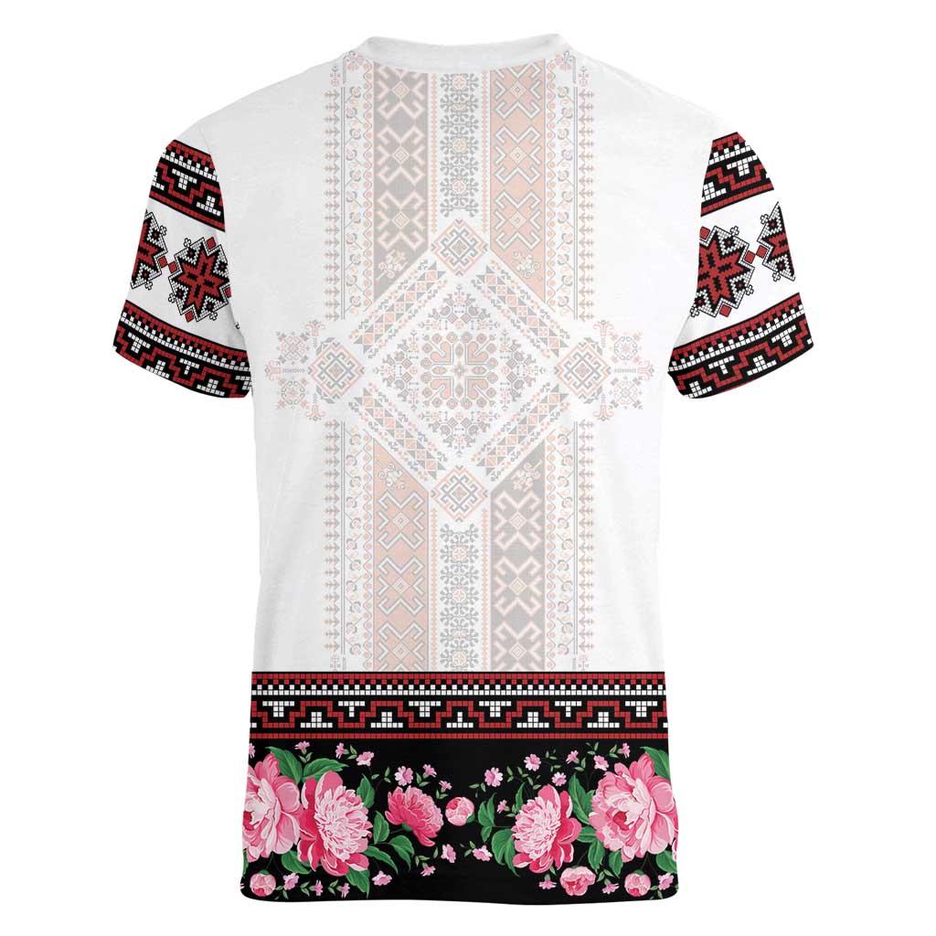 Red Romanian National Costume Women V-Neck T-Shirt Peony Flowers Traditional Folk Pattern - Wonder Print Shop