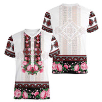 Red Romanian National Costume Women V-Neck T-Shirt Peony Flowers Traditional Folk Pattern - Wonder Print Shop