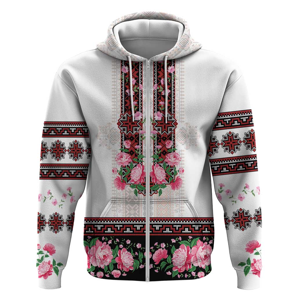 Red Romanian National Costume Zip Hoodie Peony Flowers Traditional Folk Pattern - Wonder Print Shop