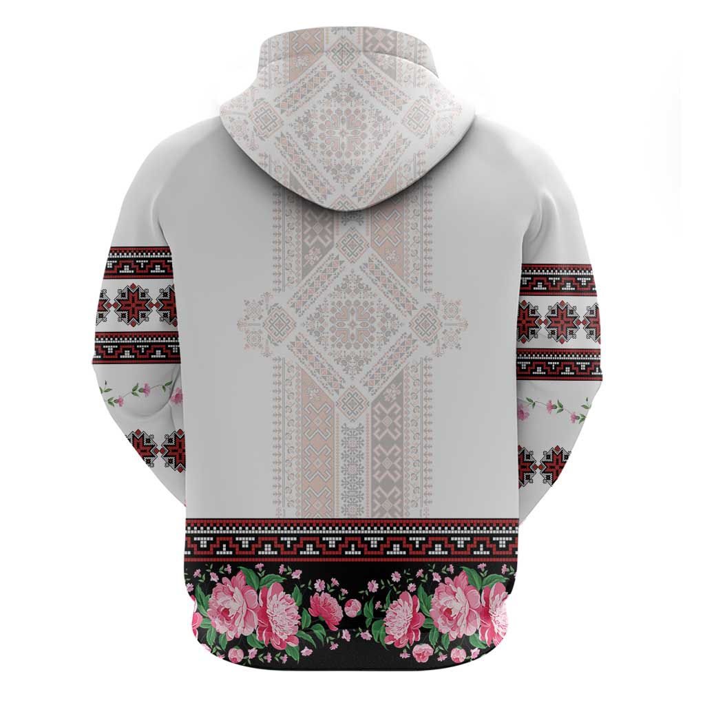 Red Romanian National Costume Zip Hoodie Peony Flowers Traditional Folk Pattern - Wonder Print Shop