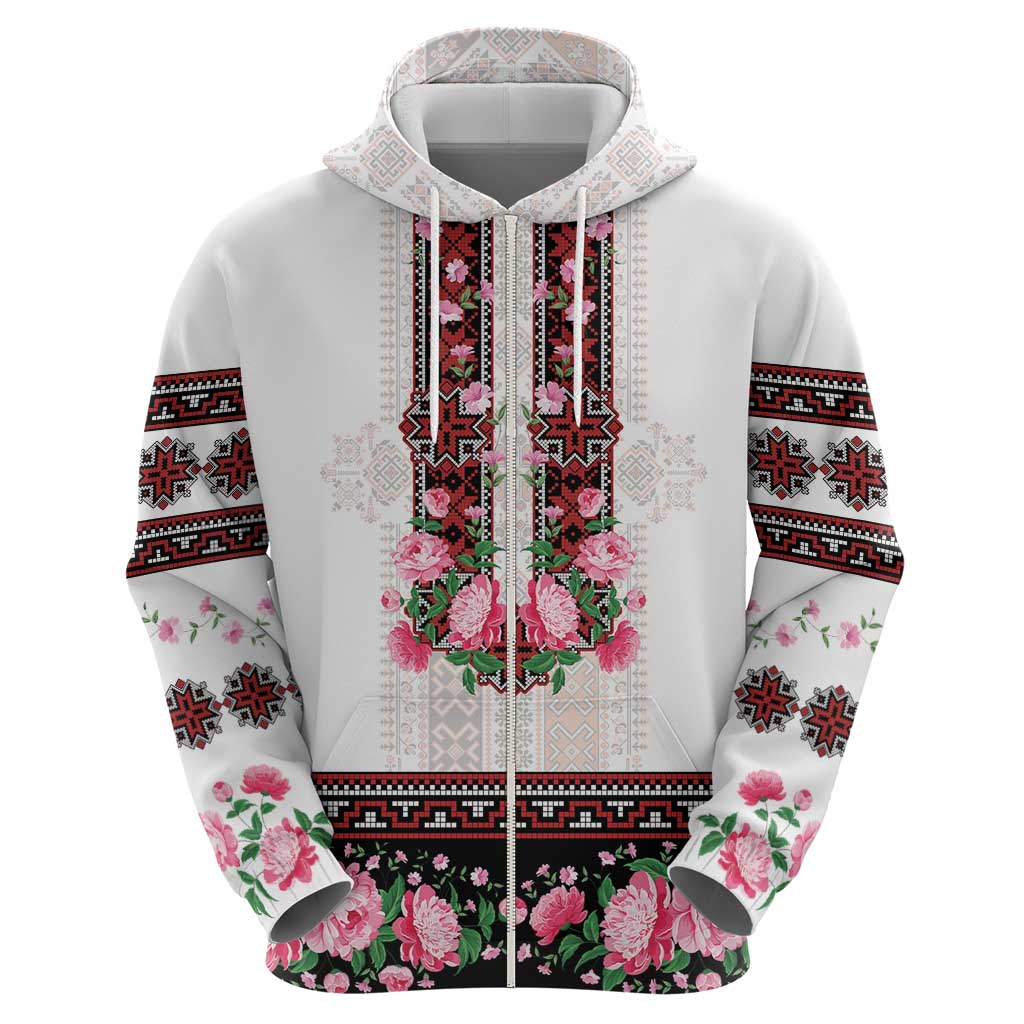Red Romanian National Costume Zip Hoodie Peony Flowers Traditional Folk Pattern - Wonder Print Shop