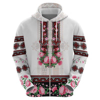 Red Romanian National Costume Zip Hoodie Peony Flowers Traditional Folk Pattern - Wonder Print Shop