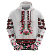 Red Romanian National Costume Zip Hoodie Peony Flowers Traditional Folk Pattern - Wonder Print Shop