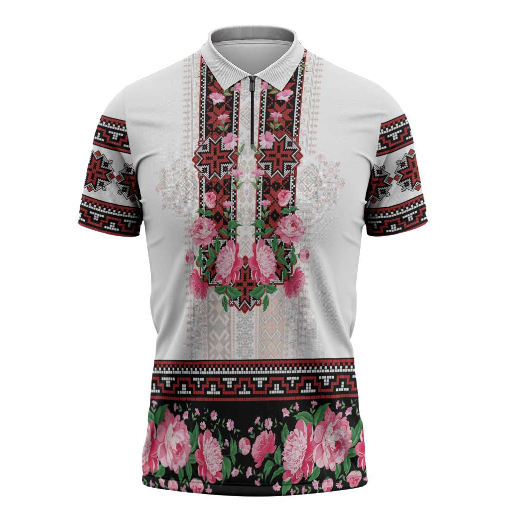 Red Romanian National Costume Zipper Polo Shirt Peony Flowers Traditional Folk Pattern - Wonder Print Shop