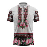 Red Romanian National Costume Zipper Polo Shirt Peony Flowers Traditional Folk Pattern - Wonder Print Shop