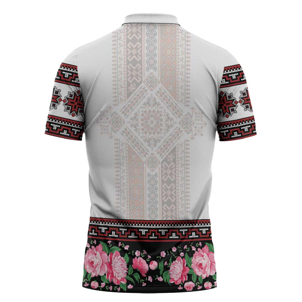 Red Romanian National Costume Zipper Polo Shirt Peony Flowers Traditional Folk Pattern - Wonder Print Shop
