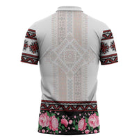 Red Romanian National Costume Zipper Polo Shirt Peony Flowers Traditional Folk Pattern - Wonder Print Shop