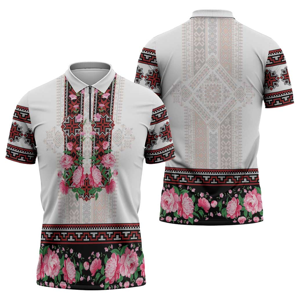 Red Romanian National Costume Zipper Polo Shirt Peony Flowers Traditional Folk Pattern - Wonder Print Shop
