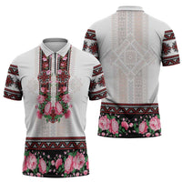 Red Romanian National Costume Zipper Polo Shirt Peony Flowers Traditional Folk Pattern - Wonder Print Shop