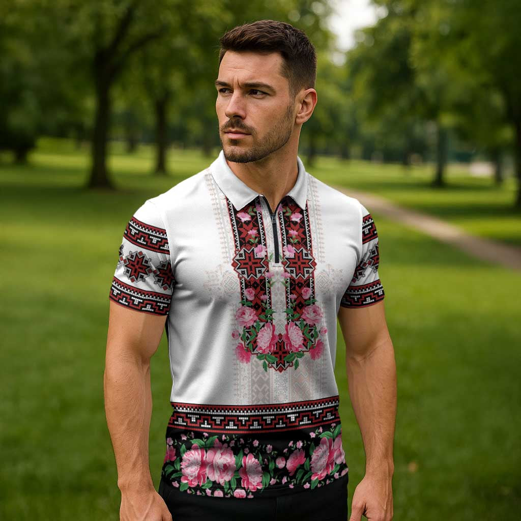 Red Romanian National Costume Zipper Polo Shirt Peony Flowers Traditional Folk Pattern - Wonder Print Shop