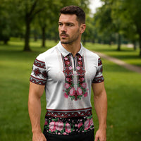 Red Romanian National Costume Zipper Polo Shirt Peony Flowers Traditional Folk Pattern - Wonder Print Shop