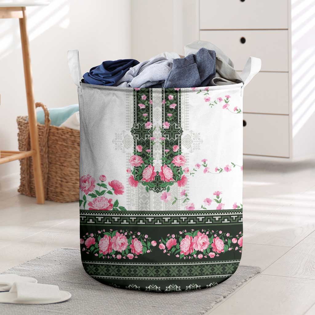 Green Romanian National Costume Laundry Basket Peony Flowers Traditional Folk Pattern - Wonder Print Shop