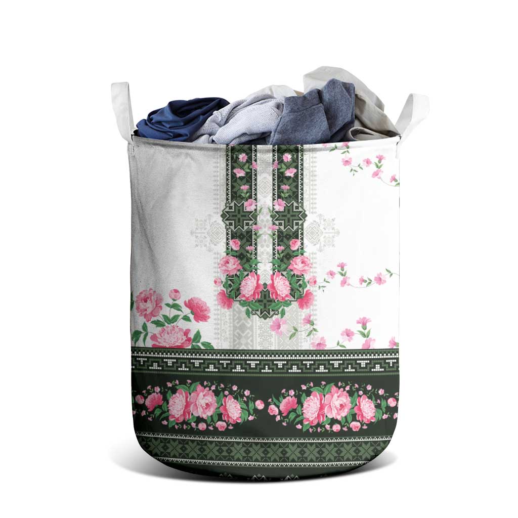 Green Romanian National Costume Laundry Basket Peony Flowers Traditional Folk Pattern - Wonder Print Shop