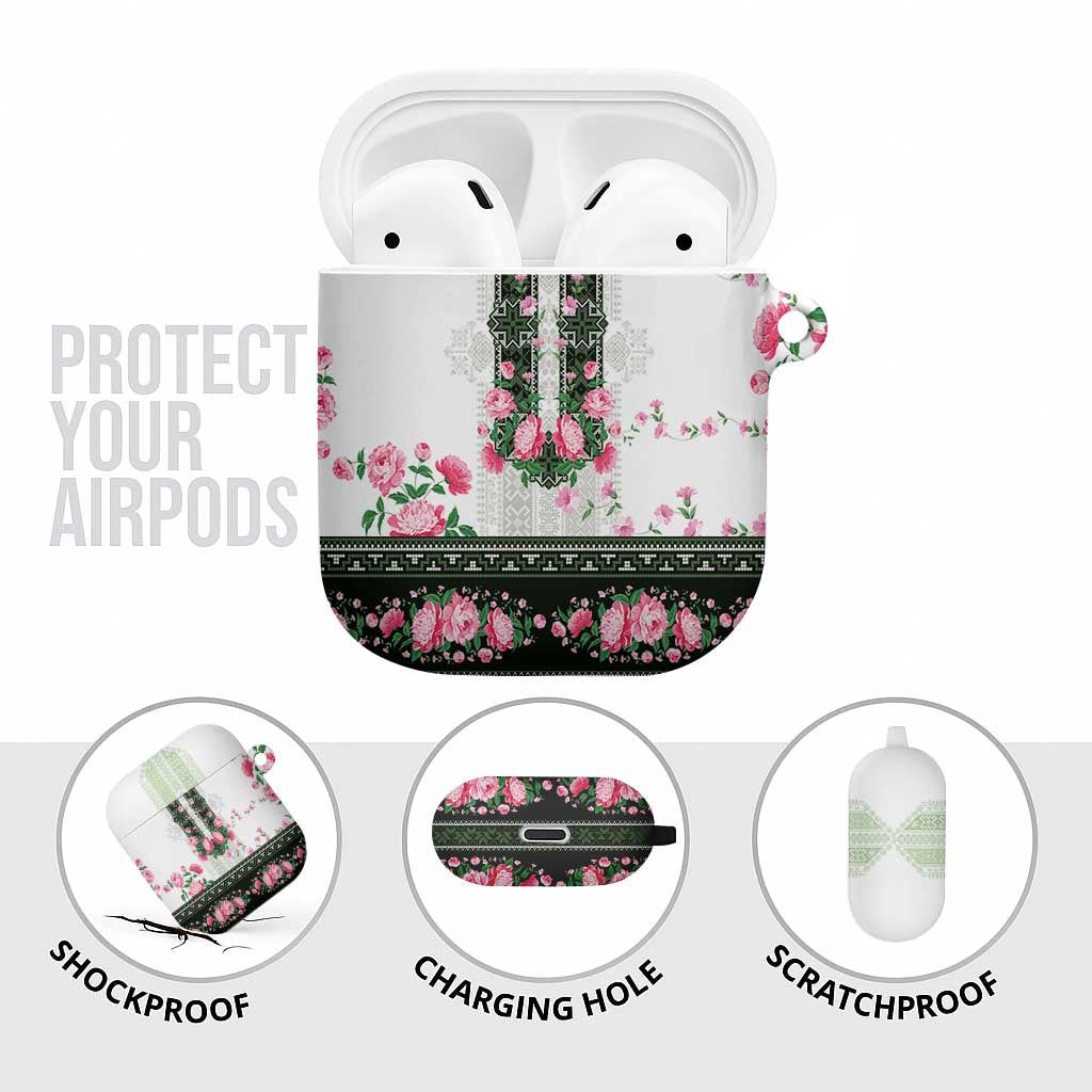 Green Romanian National Costume AirPods Case Peony Flowers Traditional Folk Pattern - Wonder Print Shop