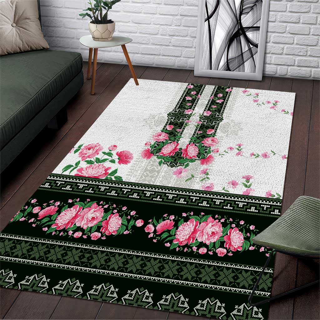 Green Romanian National Costume Area Rug Peony Flowers Traditional Folk Pattern - Wonder Print Shop