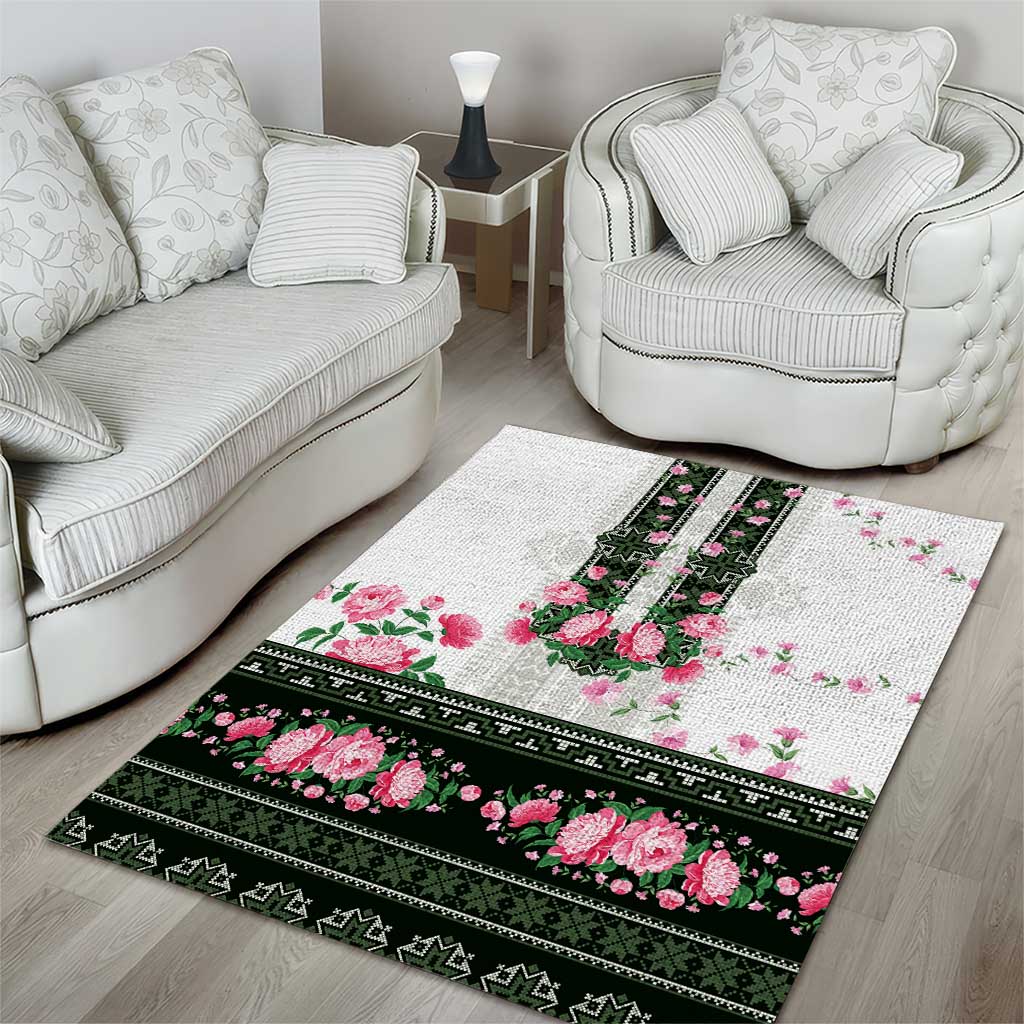 Green Romanian National Costume Area Rug Peony Flowers Traditional Folk Pattern - Wonder Print Shop
