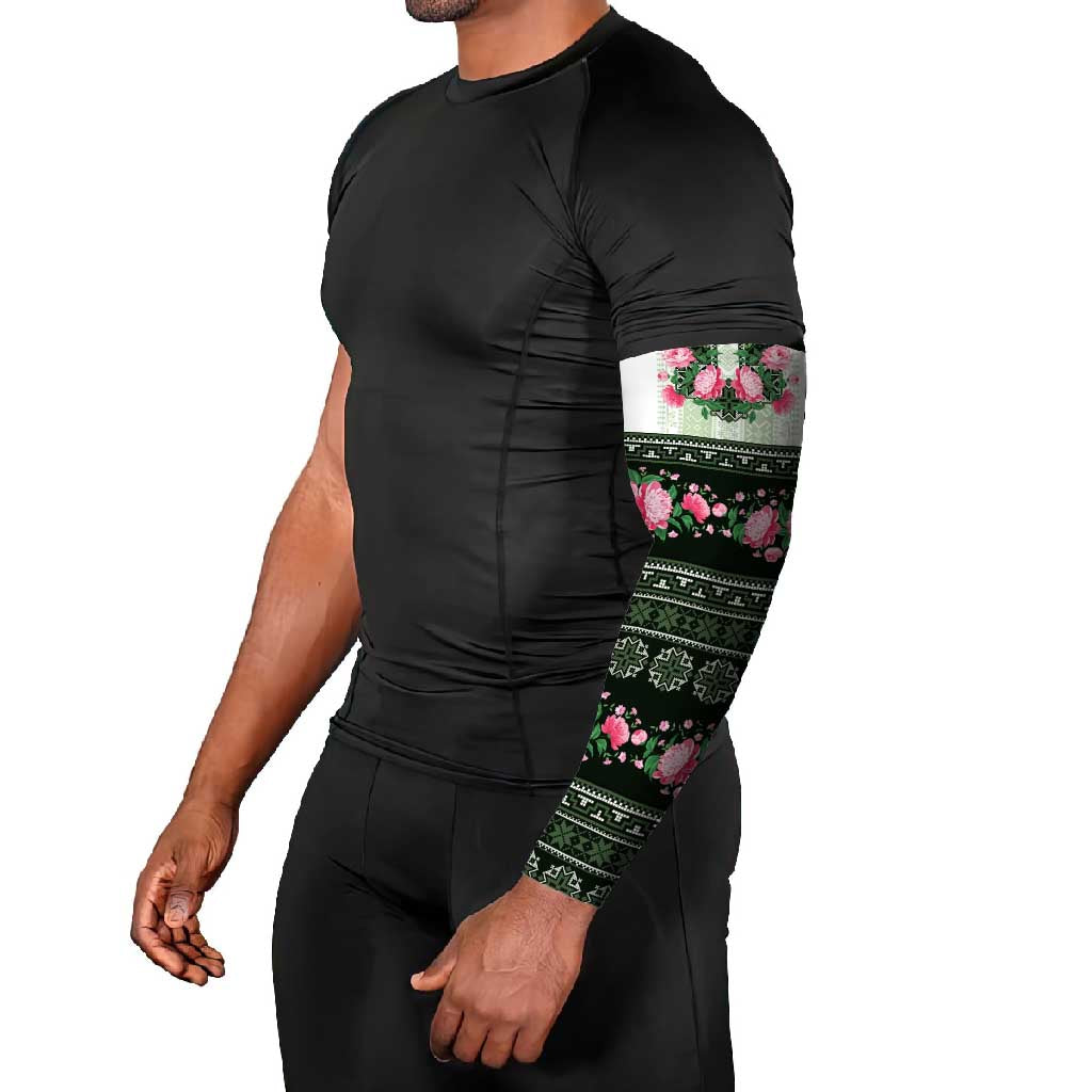 Green Romanian National Costume Arm Sleeves Peony Flowers Traditional Folk Pattern - Wonder Print Shop