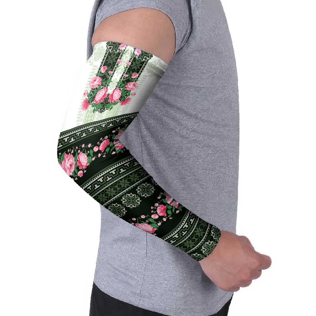 Green Romanian National Costume Arm Sleeves Peony Flowers Traditional Folk Pattern - Wonder Print Shop
