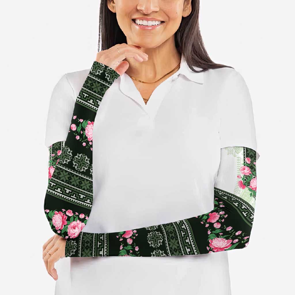 Green Romanian National Costume Arm Sleeves Peony Flowers Traditional Folk Pattern - Wonder Print Shop