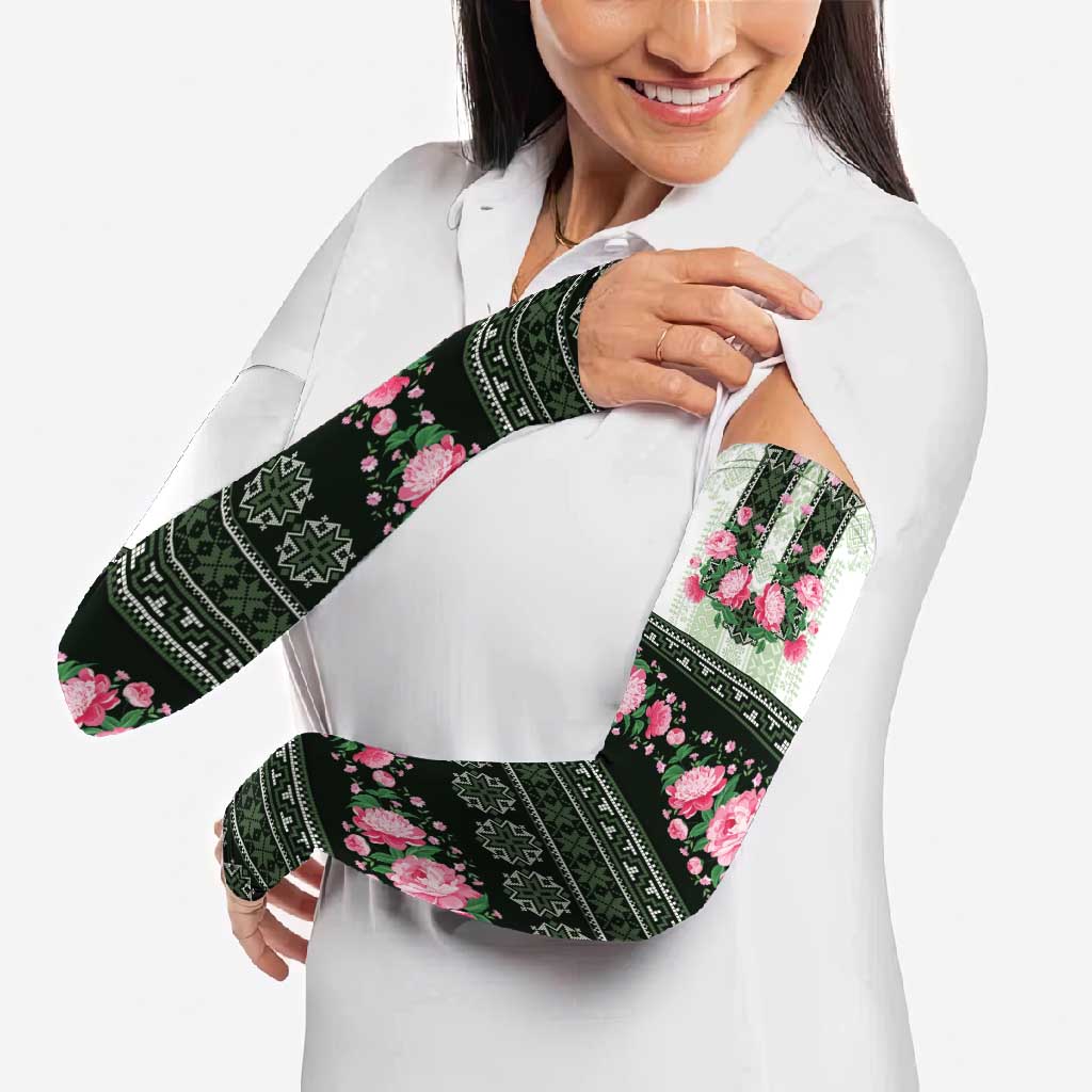 Green Romanian National Costume Arm Sleeves Peony Flowers Traditional Folk Pattern - Wonder Print Shop