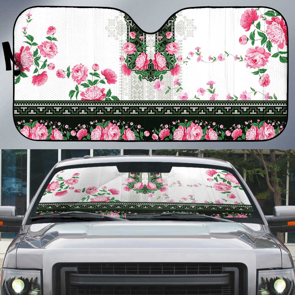 Green Romanian National Costume Auto Sun Shade Peony Flowers Traditional Folk Pattern - Wonder Print Shop