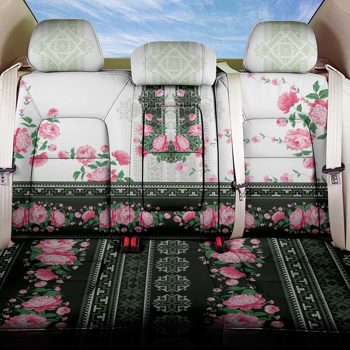 Green Romanian National Costume Back Car Seat Cover Peony Flowers Traditional Folk Pattern - Wonder Print Shop
