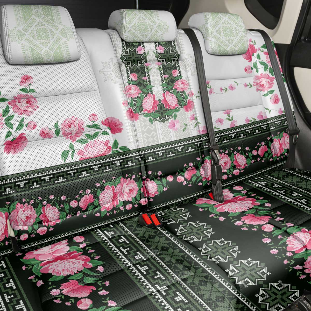Green Romanian National Costume Back Car Seat Cover Peony Flowers Traditional Folk Pattern - Wonder Print Shop