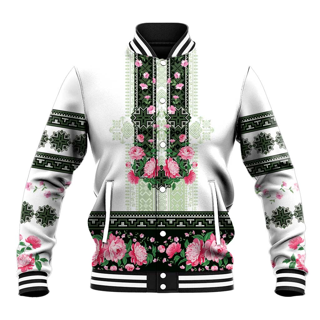 Green Romanian National Costume Baseball Jacket Peony Flowers Traditional Folk Pattern - Wonder Print Shop