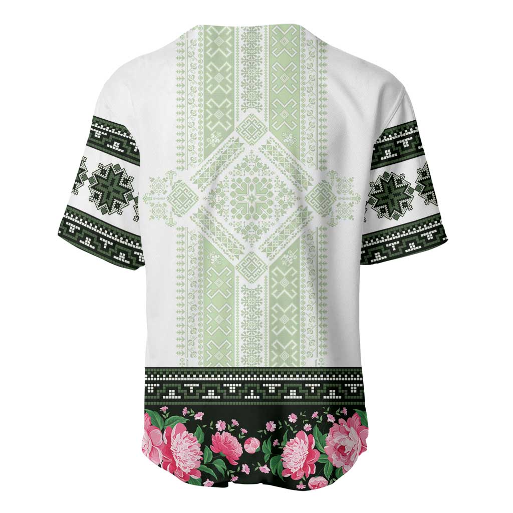 Green Romanian National Costume Baseball Jersey Peony Flowers Traditional Folk Pattern - Wonder Print Shop