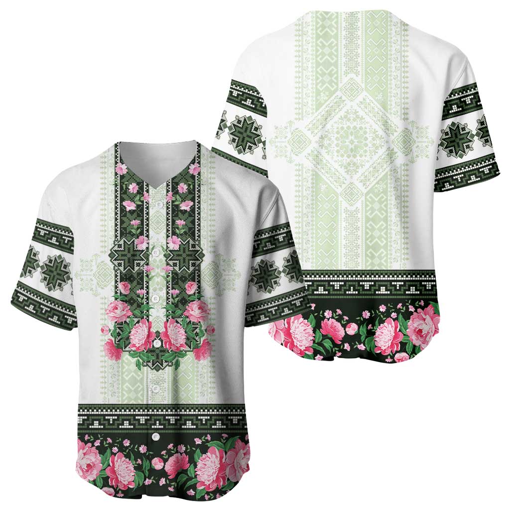 Green Romanian National Costume Baseball Jersey Peony Flowers Traditional Folk Pattern - Wonder Print Shop