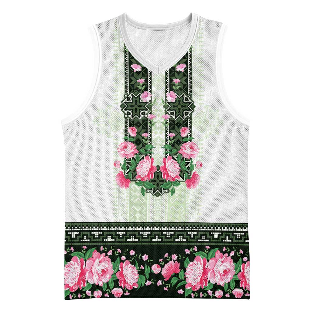 Green Romanian National Costume Basketball Jersey Peony Flowers Traditional Folk Pattern - Wonder Print Shop