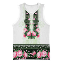 Green Romanian National Costume Basketball Jersey Peony Flowers Traditional Folk Pattern - Wonder Print Shop