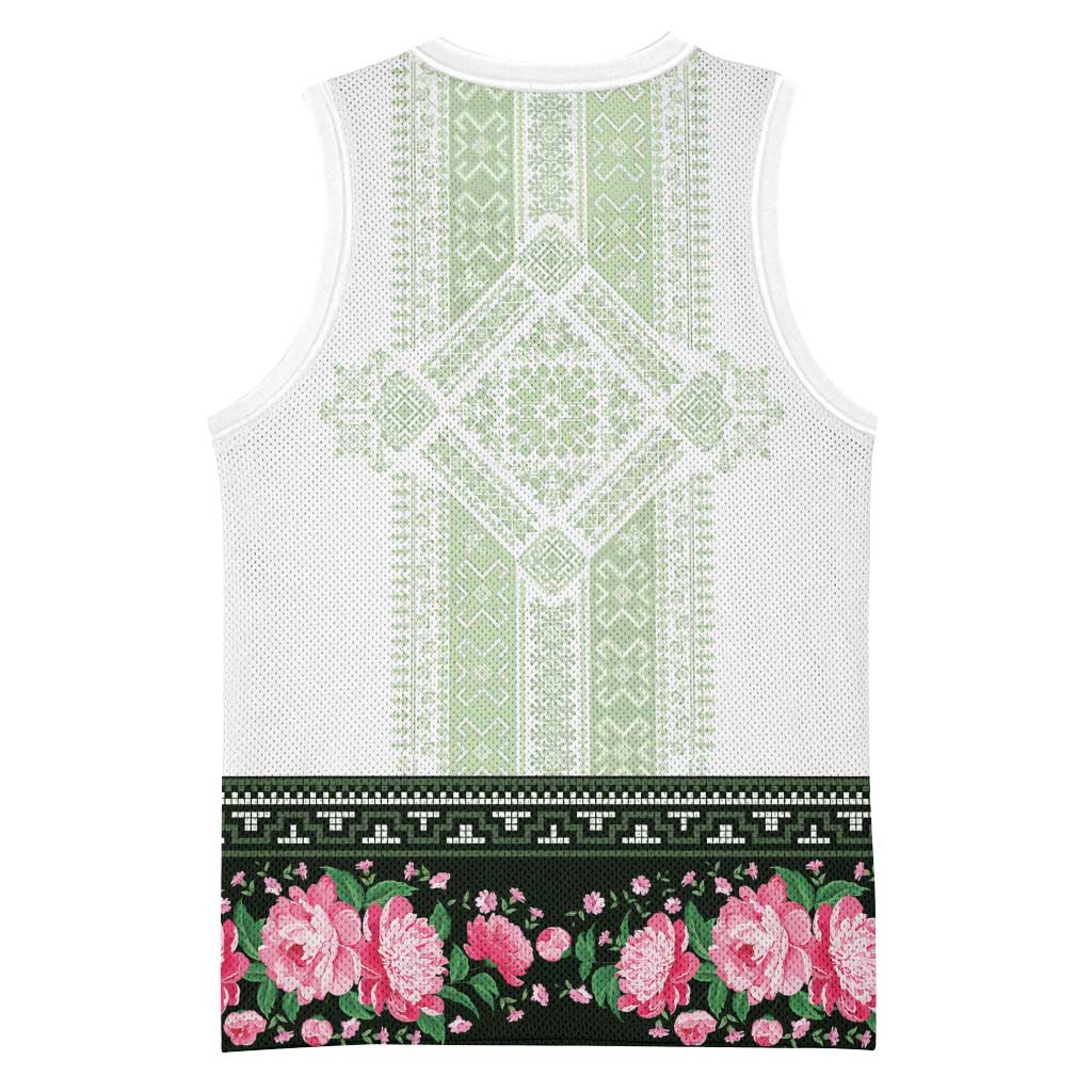 Green Romanian National Costume Basketball Jersey Peony Flowers Traditional Folk Pattern - Wonder Print Shop