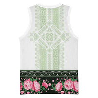 Green Romanian National Costume Basketball Jersey Peony Flowers Traditional Folk Pattern - Wonder Print Shop