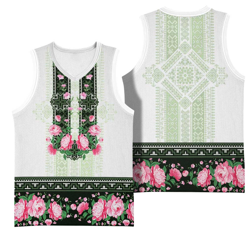 Green Romanian National Costume Basketball Jersey Peony Flowers Traditional Folk Pattern - Wonder Print Shop