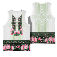 Green Romanian National Costume Basketball Jersey Peony Flowers Traditional Folk Pattern - Wonder Print Shop