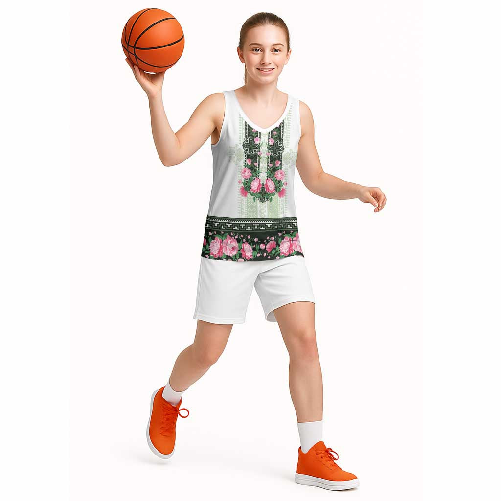 Green Romanian National Costume Basketball Jersey Peony Flowers Traditional Folk Pattern - Wonder Print Shop