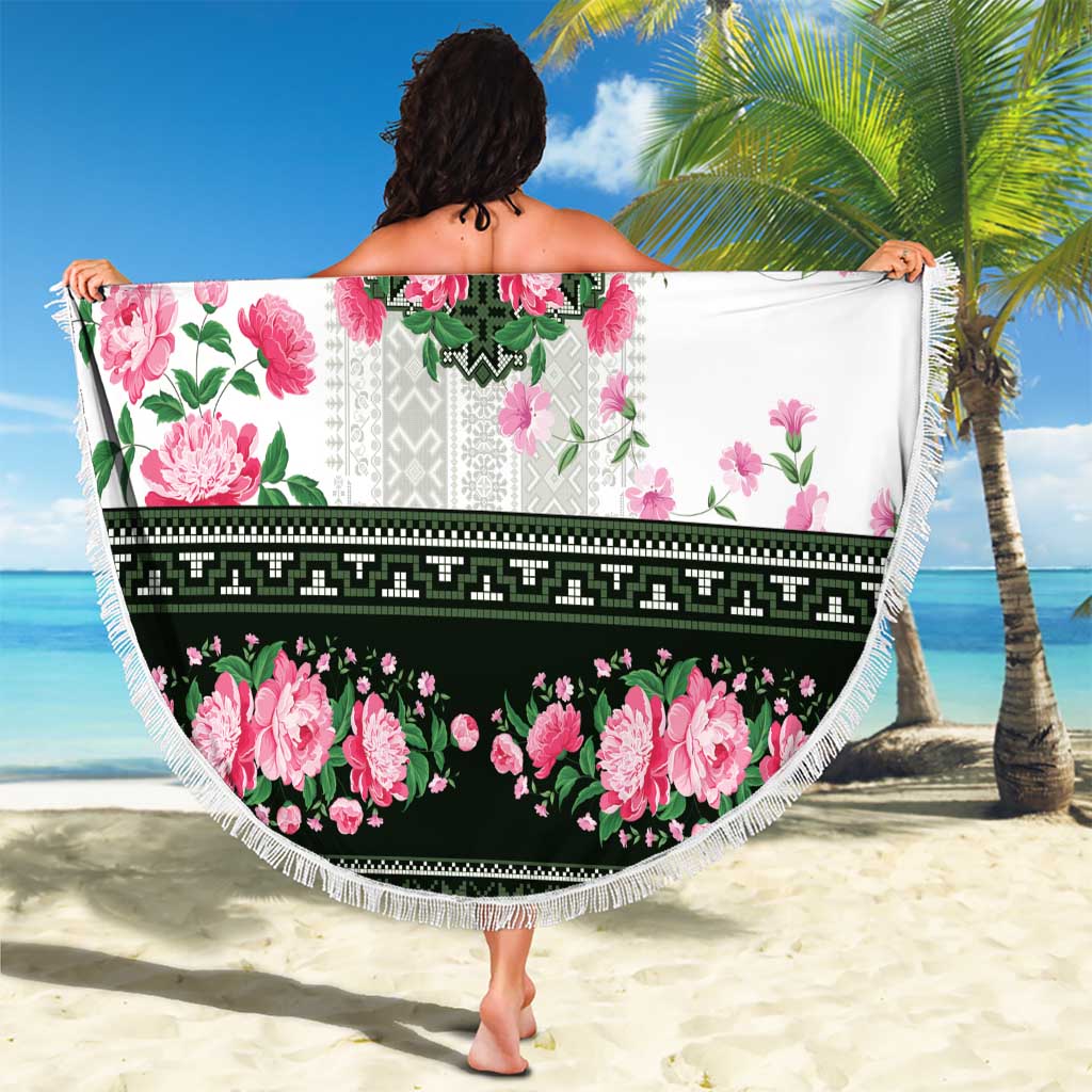 Green Romanian National Costume Beach Blanket Peony Flowers Traditional Folk Pattern - Wonder Print Shop
