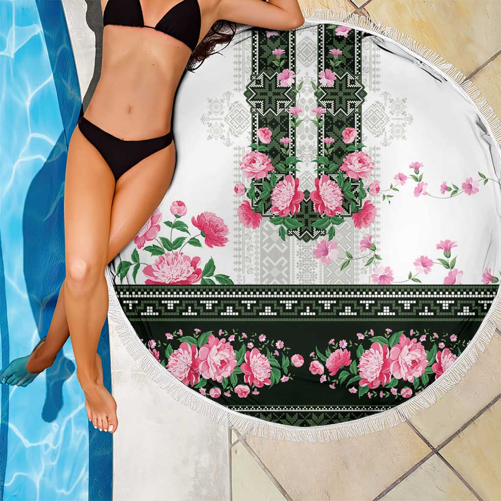 Green Romanian National Costume Beach Blanket Peony Flowers Traditional Folk Pattern - Wonder Print Shop