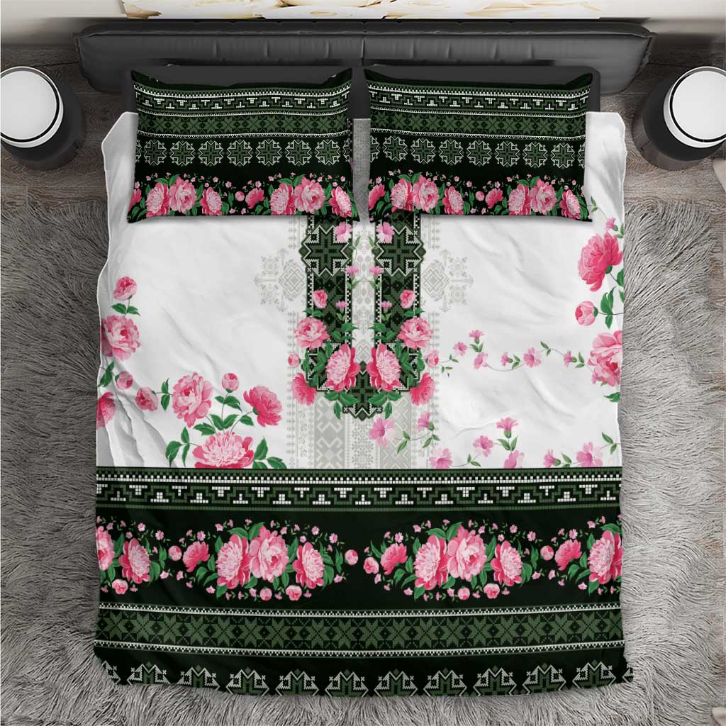 Green Romanian National Costume Bedding Set Peony Flowers Traditional Folk Pattern - Wonder Print Shop